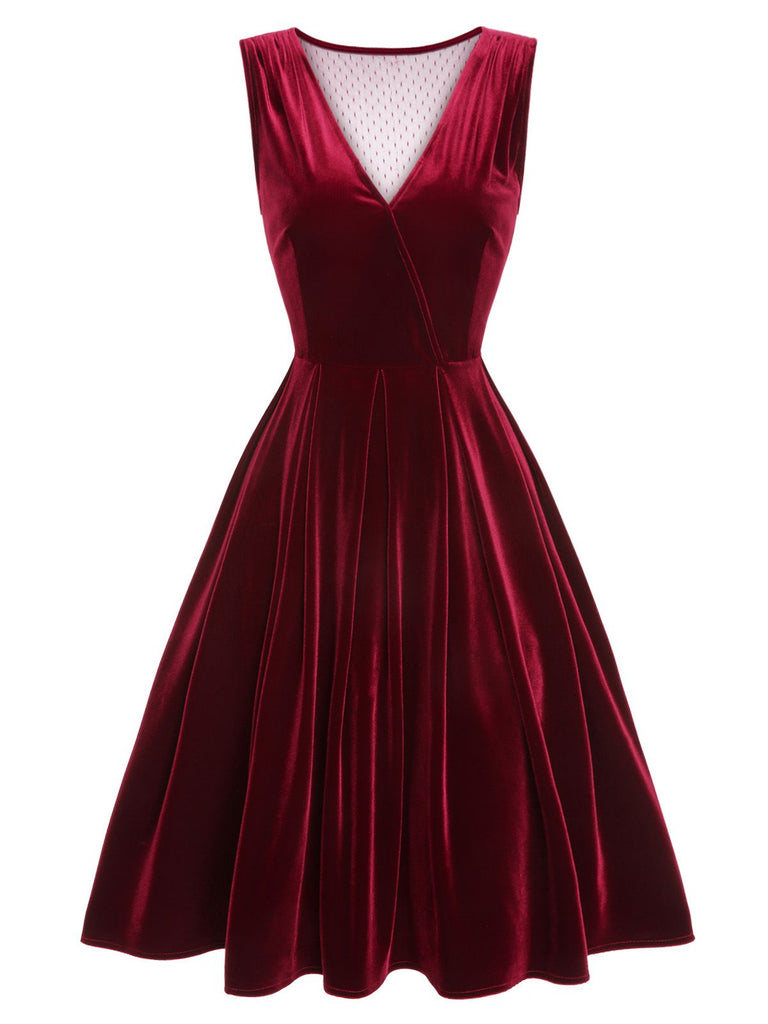 [Pre-Sale] Red 1950s Velvet Polka Dot Lined Bow Dress