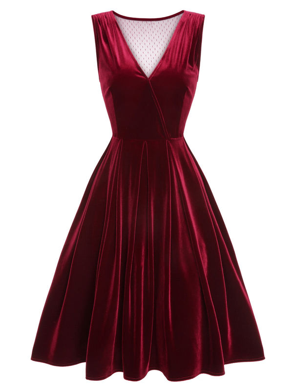 Burgundy Velvet V-neck Back-bow Cocktail A-line Midi Dress /Size XXL