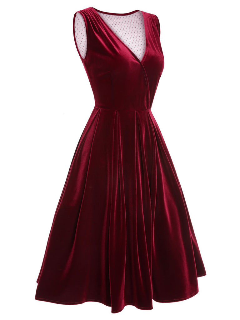 [Pre-Sale] Red 1950s Velvet Polka Dot Lined Bow Dress