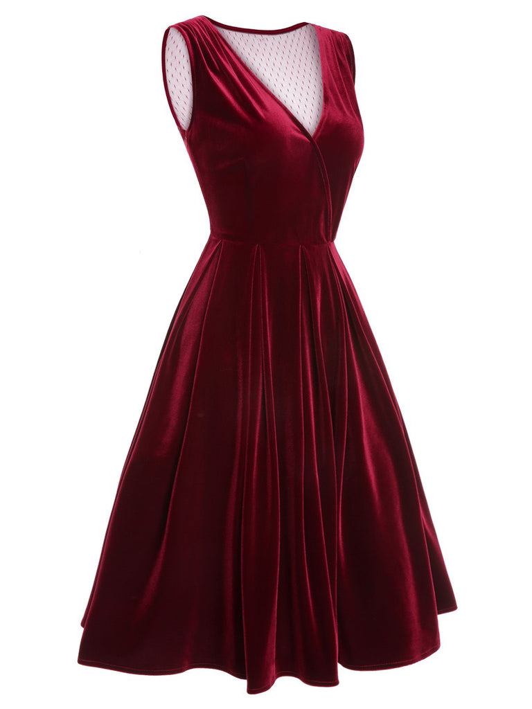 Red 1950s Velvet Polka Dot Lined Bow Dress