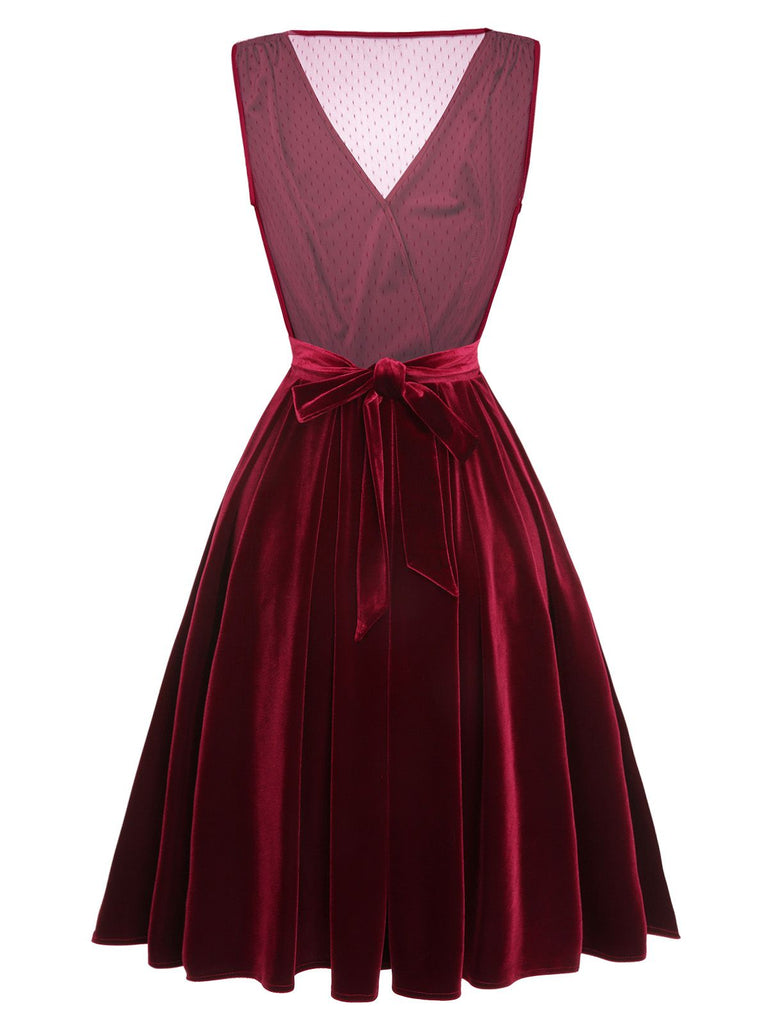 [Pre-Sale] Red 1950s Velvet Polka Dot Lined Bow Dress