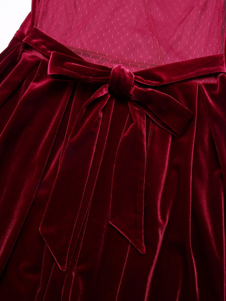 [Pre-Sale] Red 1950s Velvet Polka Dot Lined Bow Dress