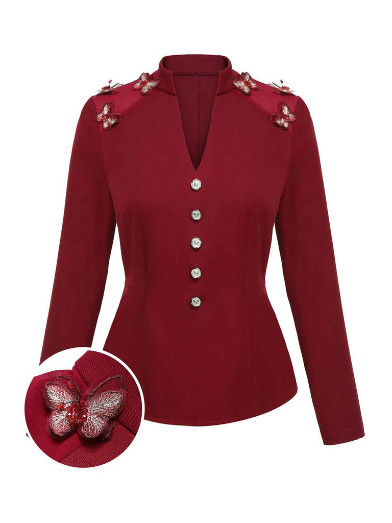 Red 1940s Stand Collar Butterflies Blouse