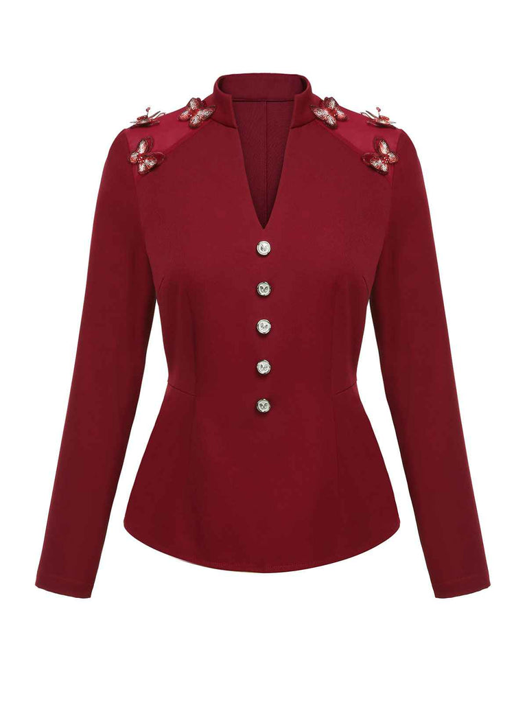 Red 1940s Stand Collar Butterflies Blouse