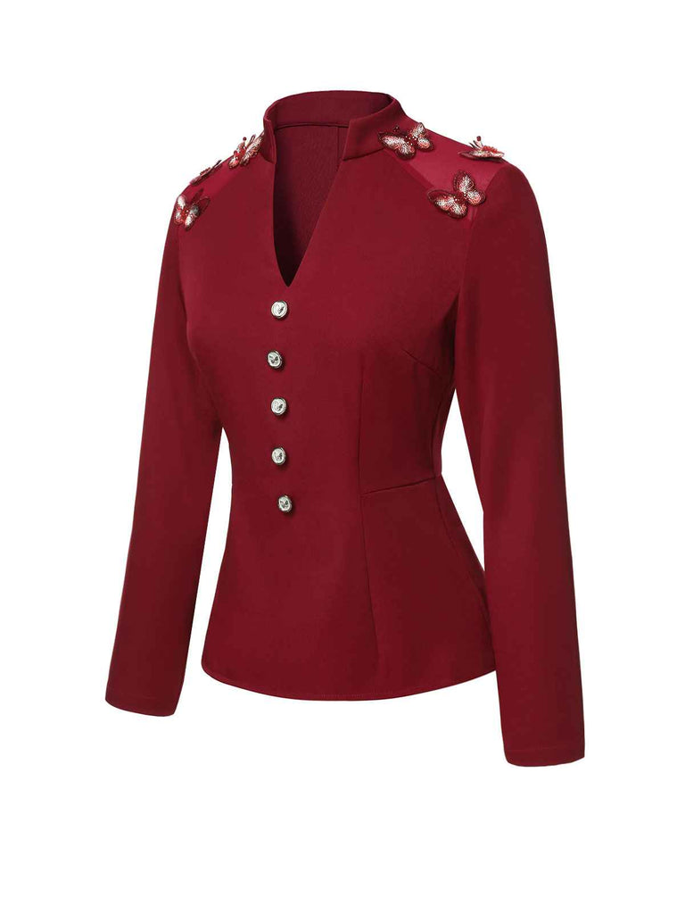 Red 1940s Stand Collar Butterflies Blouse