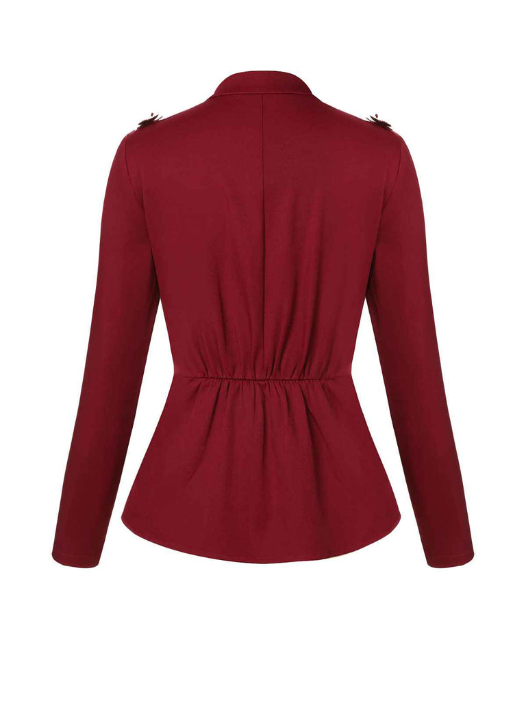 Red 1940s Stand Collar Butterflies Blouse