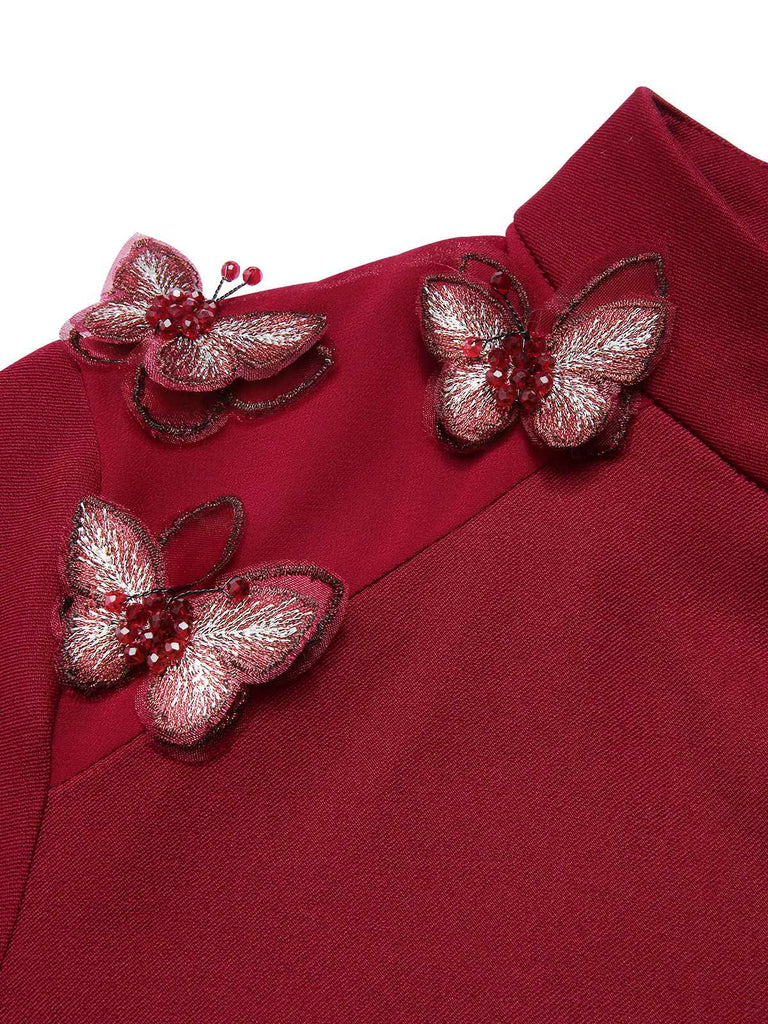 Red 1940s Stand Collar Butterflies Blouse
