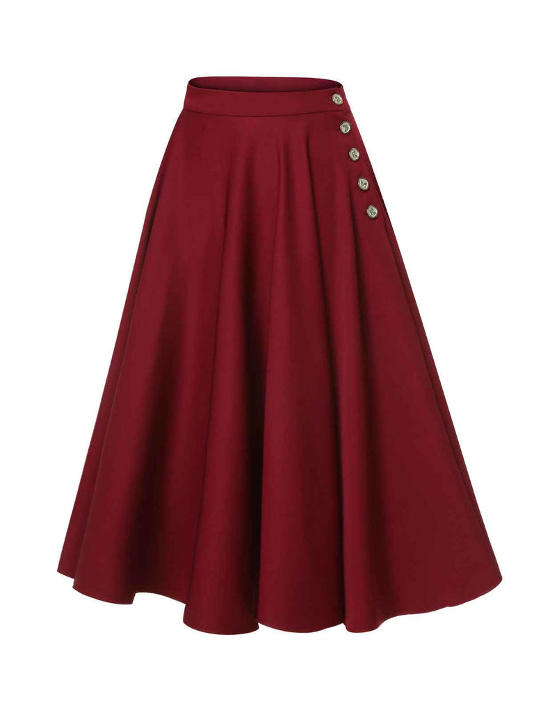 Red 1940s Buttoned Solid Skirt