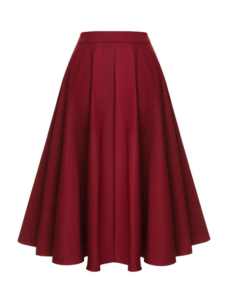 Red 1940s Buttoned Solid Skirt