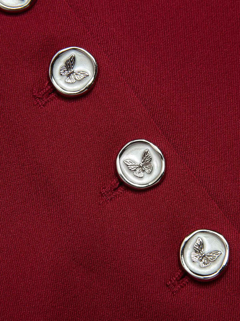 Red 1940s Buttoned Solid Skirt