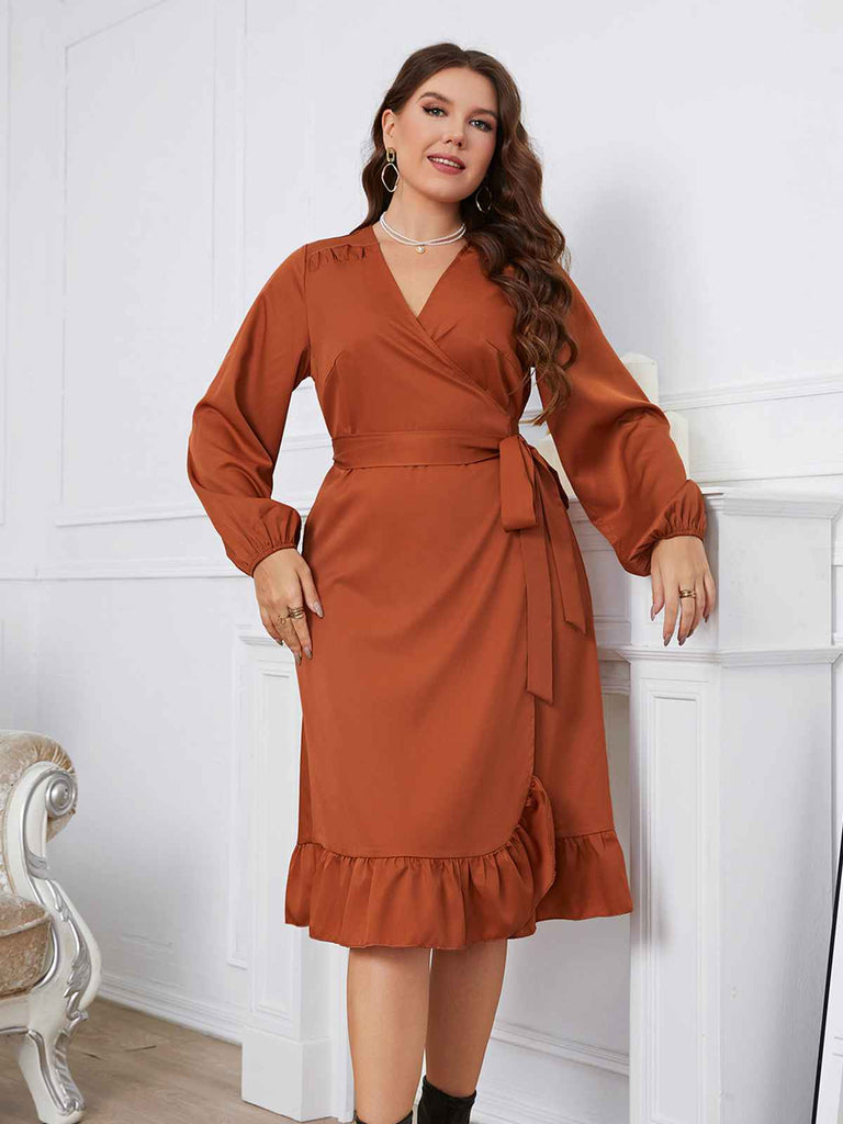 [Plus Size] Brown 1930s Ruffles V-Neck Tie-Up Dress