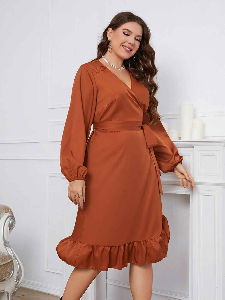 [Plus Size] Brown 1930s Ruffles V-Neck Tie-Up Dress