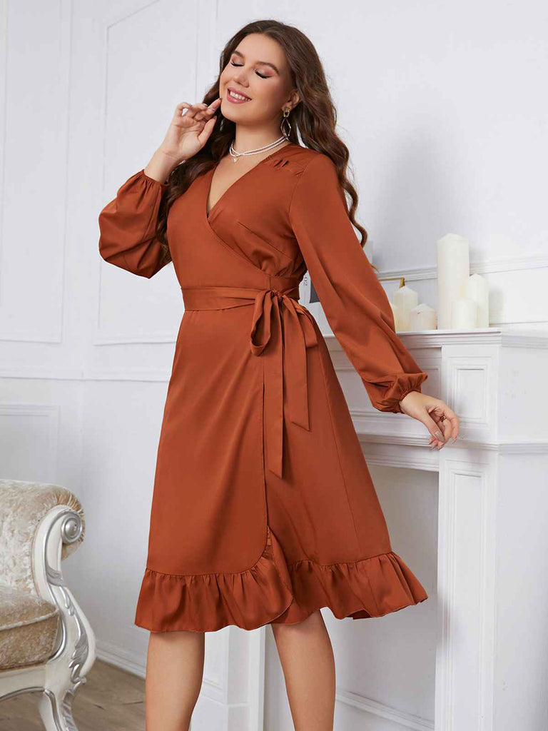 [Plus Size] Brown 1930s Ruffles V-Neck Tie-Up Dress
