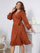 [Plus Size] Brown 1930s Ruffles V-Neck Tie-Up Dress