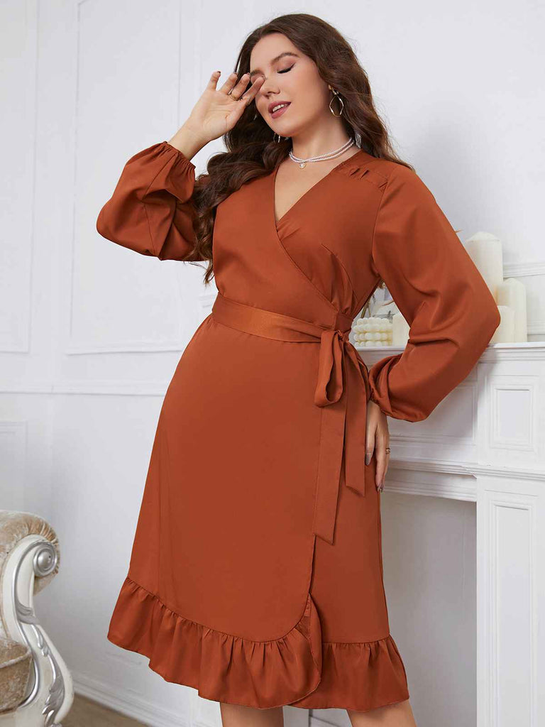 [Plus Size] Brown 1930s Ruffles V-Neck Tie-Up Dress