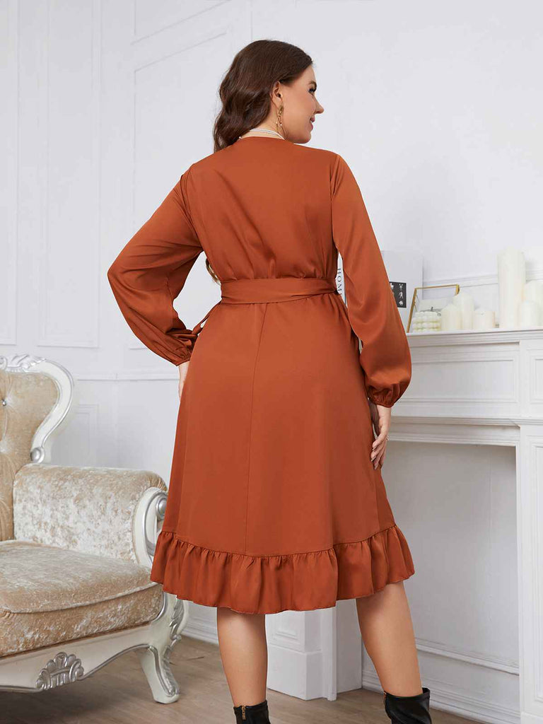 [Plus Size] Brown 1930s Ruffles V-Neck Tie-Up Dress