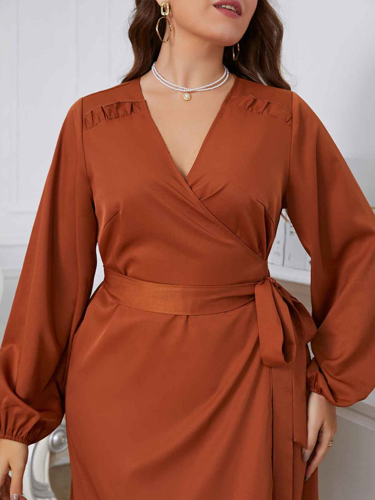 [Plus Size] Brown 1930s Ruffles V-Neck Tie-Up Dress
