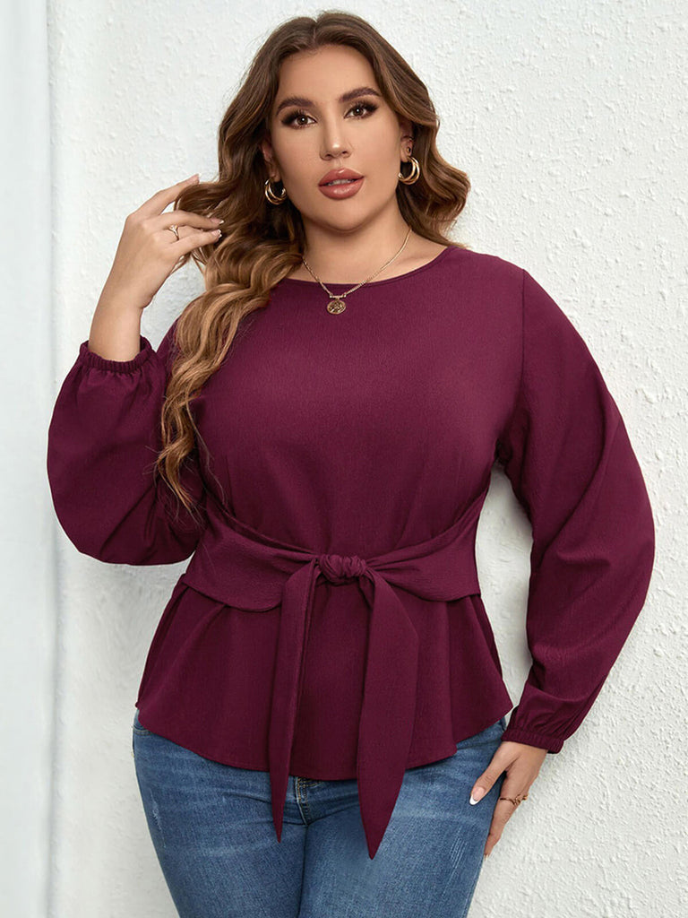 [Plus Size] Purple 1950s Elastic Cuffs Tie-Up Top