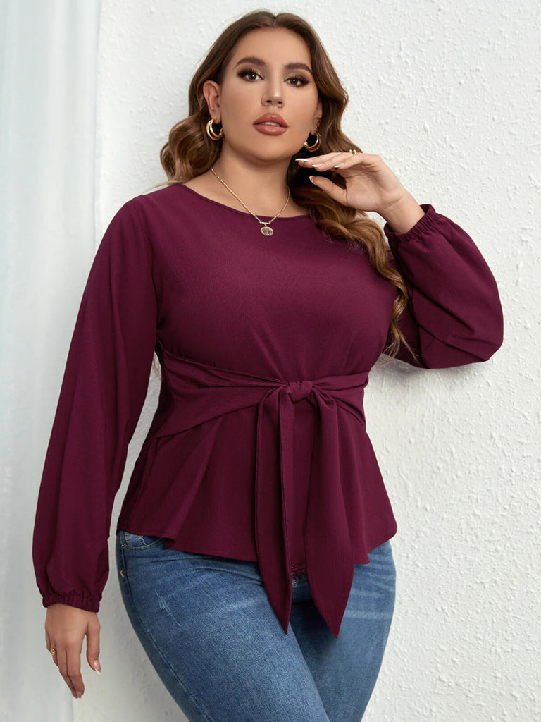 [Plus Size] Purple 1950s Elastic Cuffs Tie-Up Top