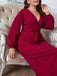 [Plus Size] Burgundy 1930s Christmas V-Neck Long Sleeve Dress