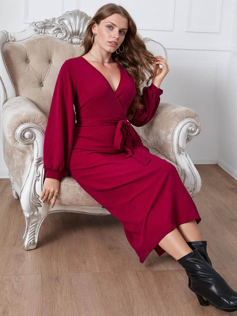 [Plus Size] Burgundy 1930s Christmas V-Neck Long Sleeve Dress