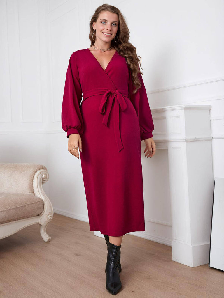 [Plus Size] Burgundy 1930s Christmas V-Neck Long Sleeve Dress