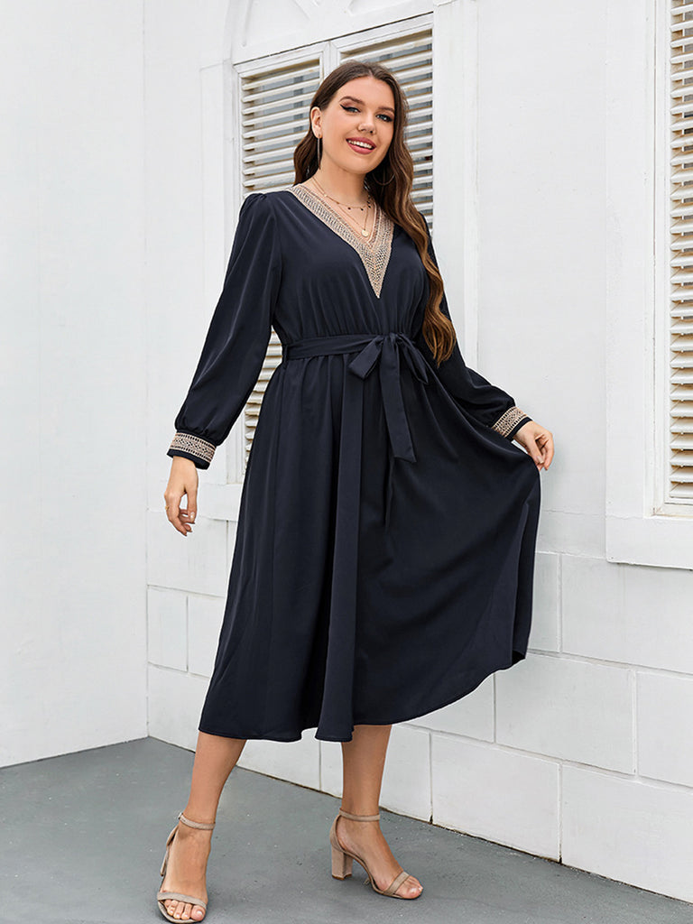 [Plus Size] Blue 1930s V-Neck Lantern Sleeve Dress