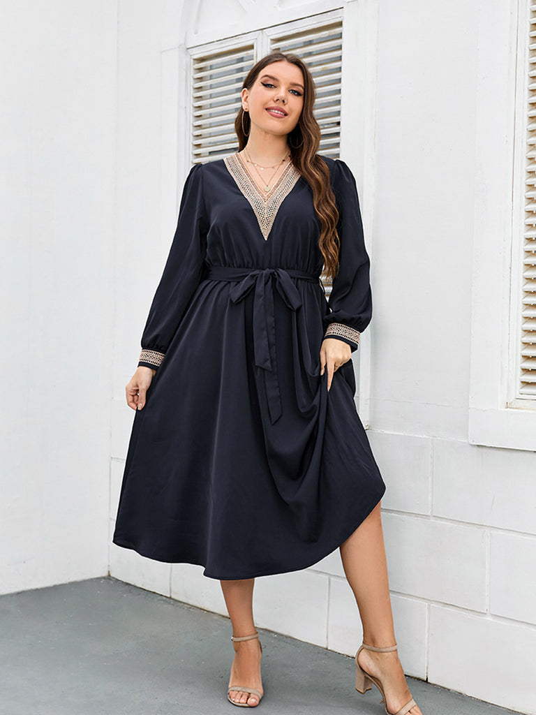 [Plus Size] Blue 1930s V-Neck Lantern Sleeve Dress