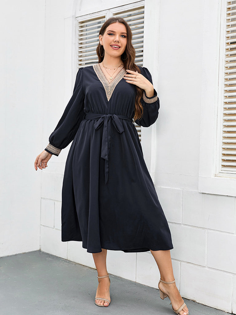 [Plus Size] Blue 1930s V-Neck Lantern Sleeve Dress