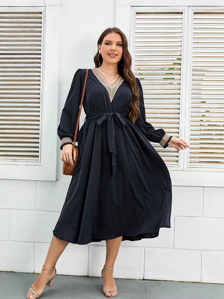 [Plus Size] Blue 1930s V-Neck Lantern Sleeve Dress