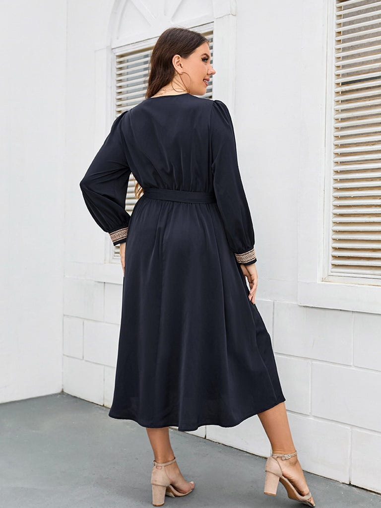 [Plus Size] Blue 1930s V-Neck Lantern Sleeve Dress
