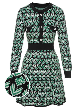 Green 1940s Knitted Floral A-Line Dress
