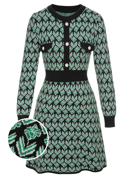 Green 1940s Knitted Floral A-Line Dress