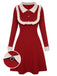 Red 1940s Christmas Ruffles Color Block Knit Dress