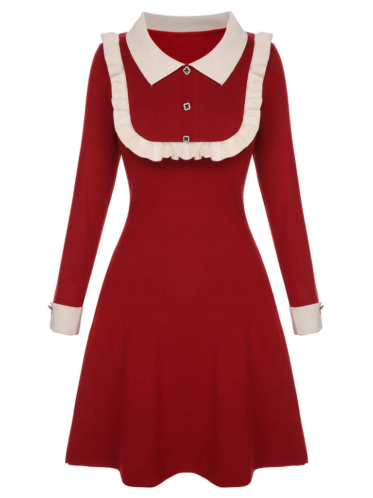 Red 1940s Christmas Ruffles Color Block Knit Dress