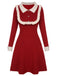 Red 1940s Christmas Ruffles Color Block Knit Dress