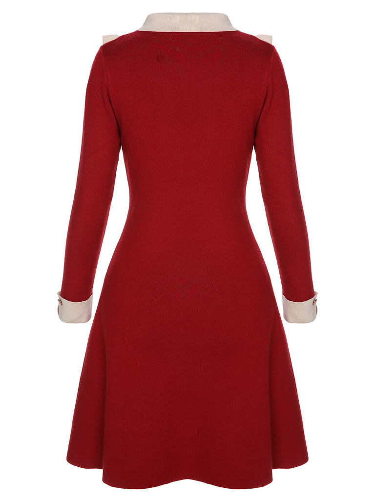 Red 1940s Christmas Ruffles Color Block Knit Dress