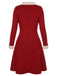 Red 1940s Christmas Ruffles Color Block Knit Dress