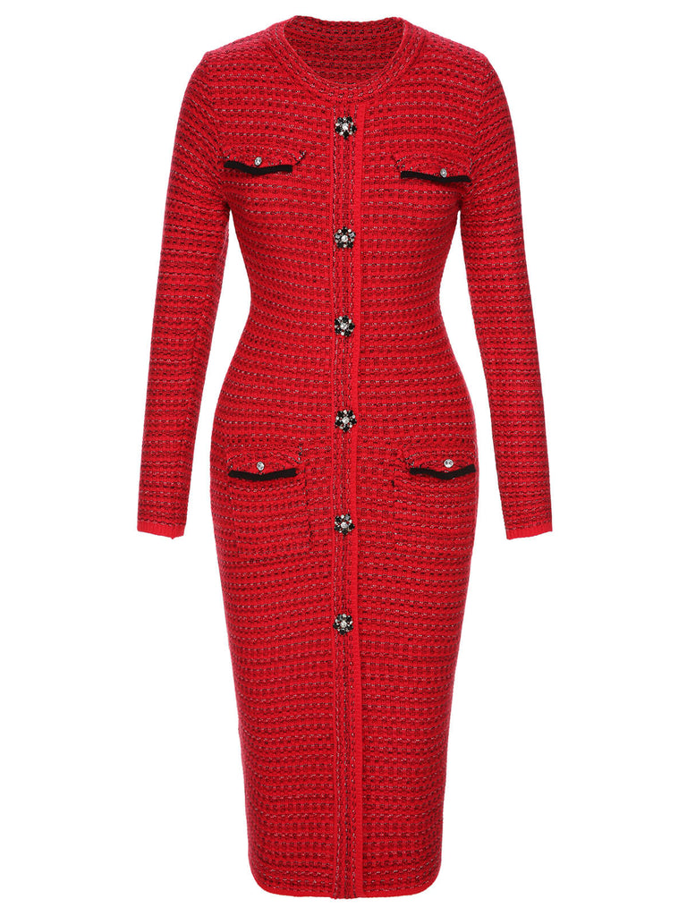 Red 1960s Christmas Jacquard Tweed Pencil Dress