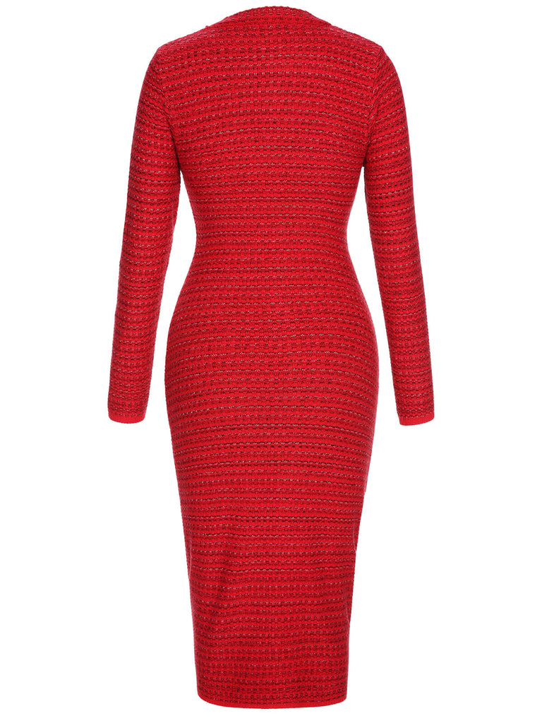 Red 1960s Christmas Jacquard Tweed Pencil Dress