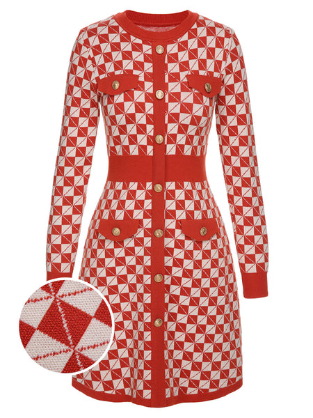 Red 1940s Argyle Check Knitted Pencil Dress