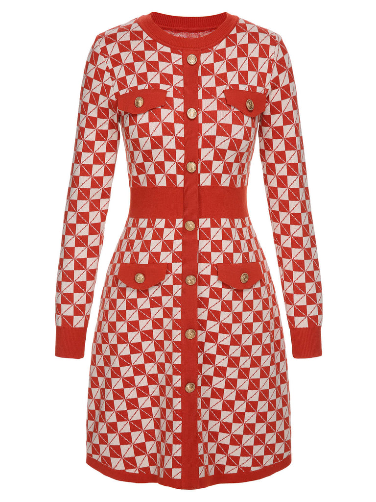Red 1940s Argyle Check Knitted Pencil Dress