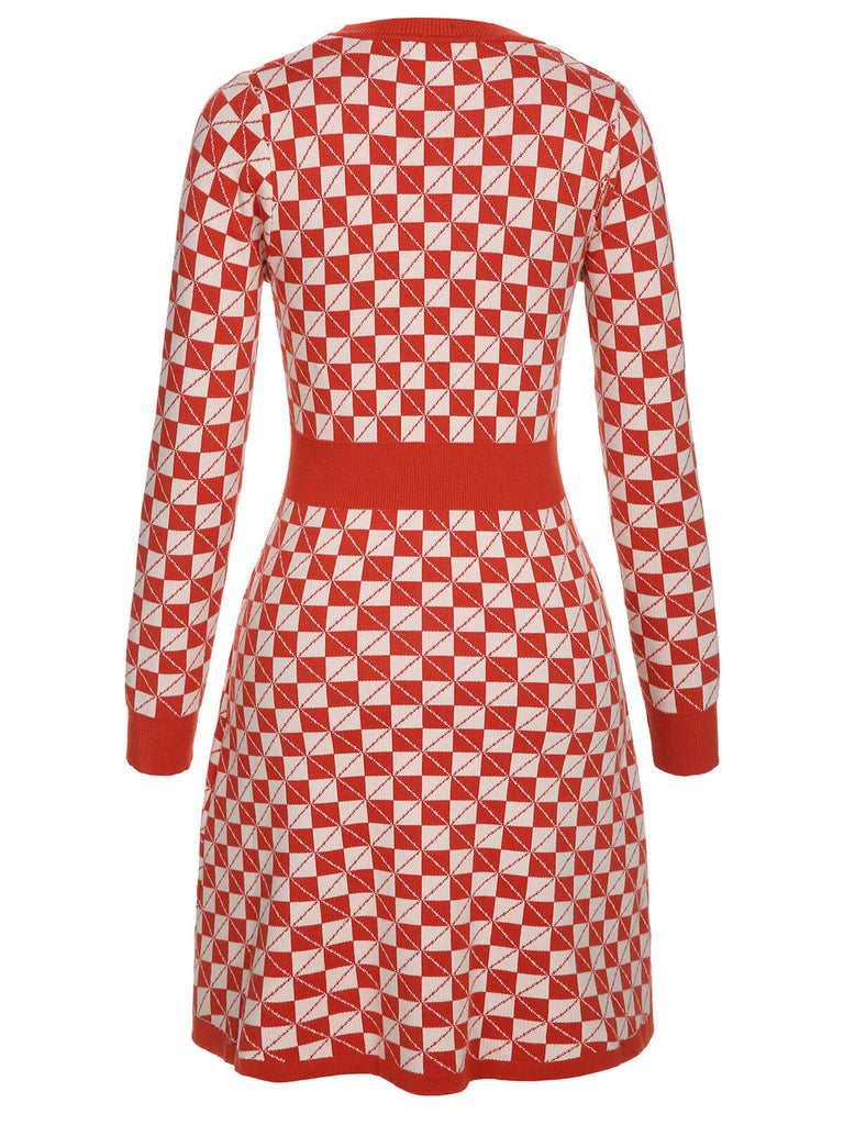 Red 1940s Argyle Check Knitted Pencil Dress