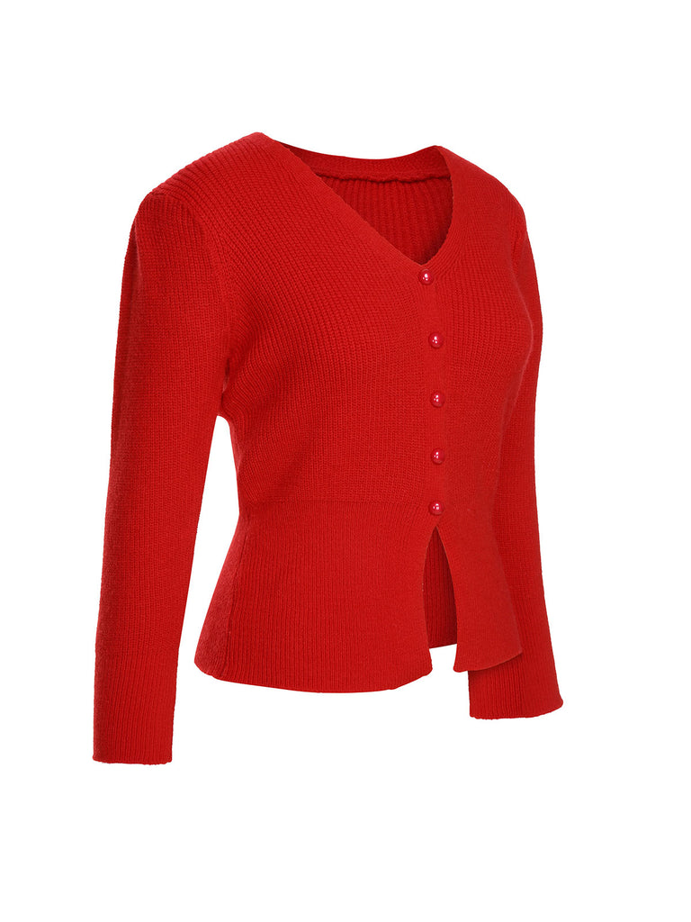 2PCS 1930s Red Knit Sweater & Black Fishtail Skirt