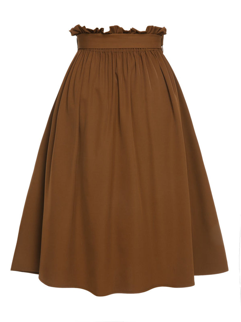 Brown 1950s Solid Elastic Waist Belt Skirt