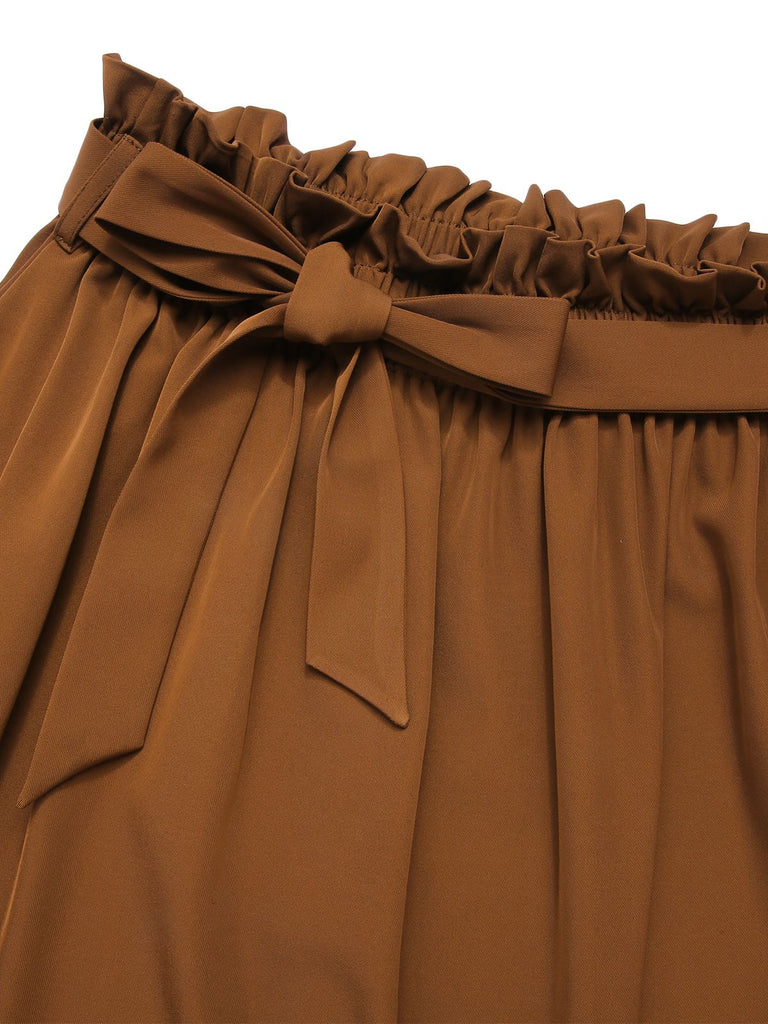 Brown 1950s Solid Elastic Waist Belt Skirt