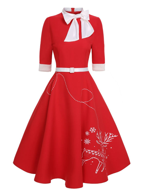 Christmas 1950s Elk Bow-Neck Patchwork Belt Dress Red / Size Medium