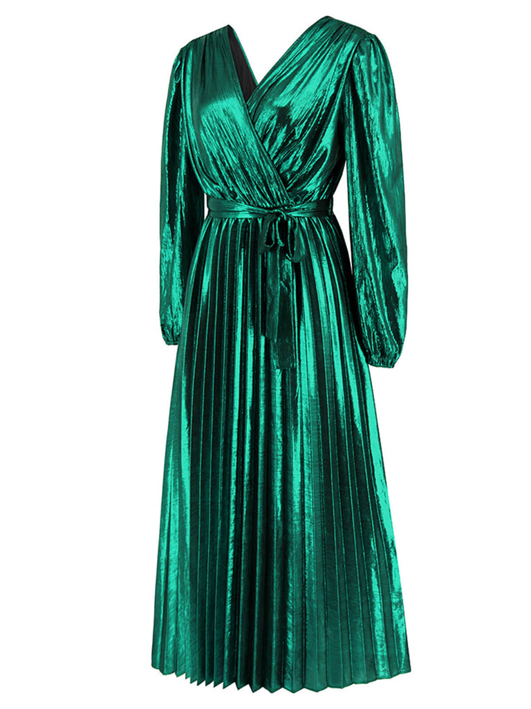 1940s Solid Glossy V-Neck Shift Dress