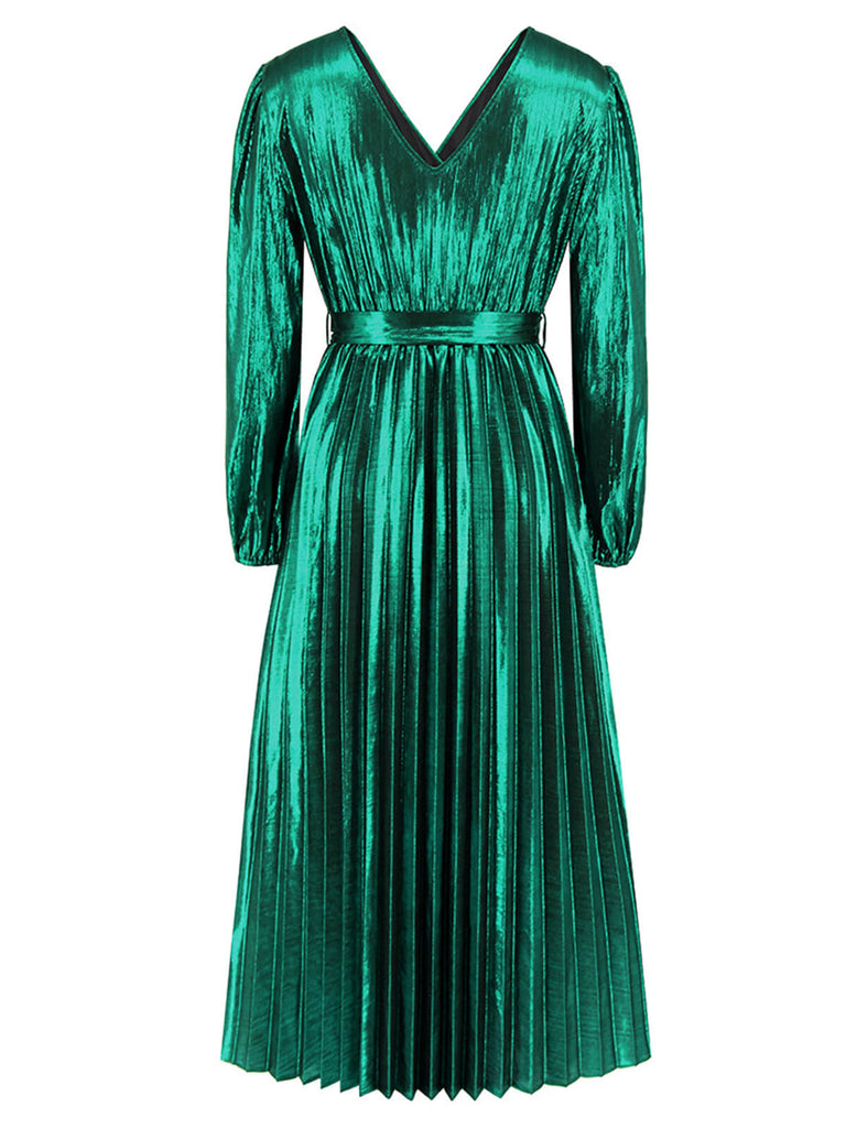 1940s Solid Glossy V-Neck Shift Dress