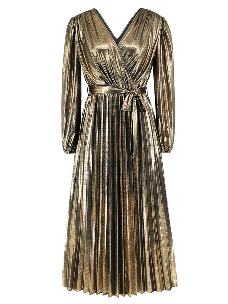 1940s Solid Glossy V-Neck Shift Dress